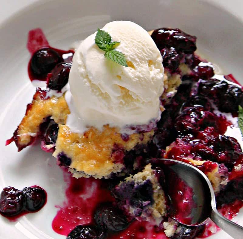 shallow white bowl with blueberry cobbler topped with ice cream