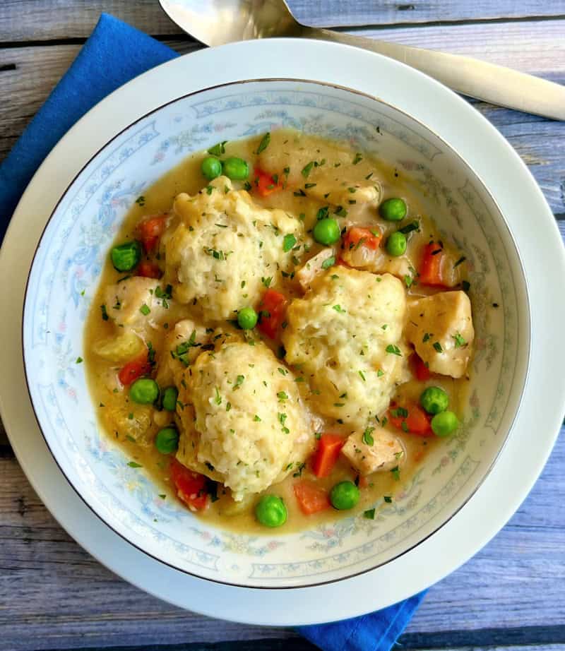 overhead view of easy chicken and dumplings
