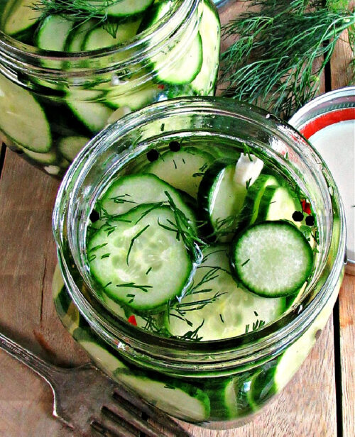 overhead view refrigerator dill pickles in a jar