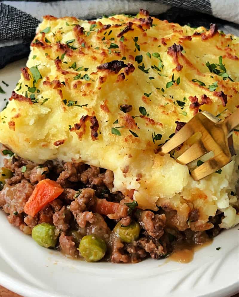close up white plate with easy shepherd's pie