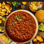 overhead view of pot of chili plus best finger foods with chili