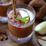 side view of apple cider bourbon slush garnished with cinnamon stick and sliced apples