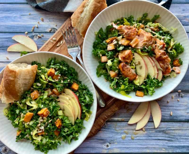 overhead view two bowls fall kale salad - one with grilled salmon