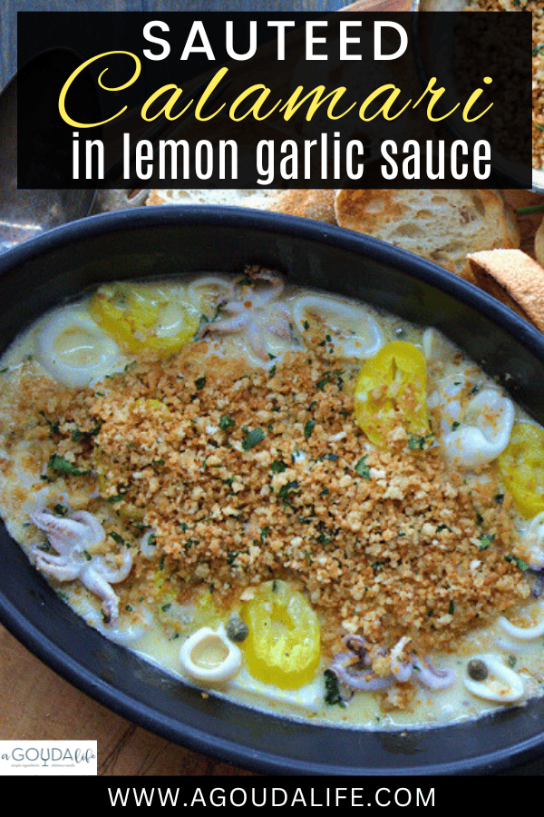 pinterest pin showing sauteed calamari topped with golden breadcrumbs