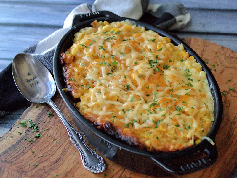 black casserole dish with crockpot corn casserole