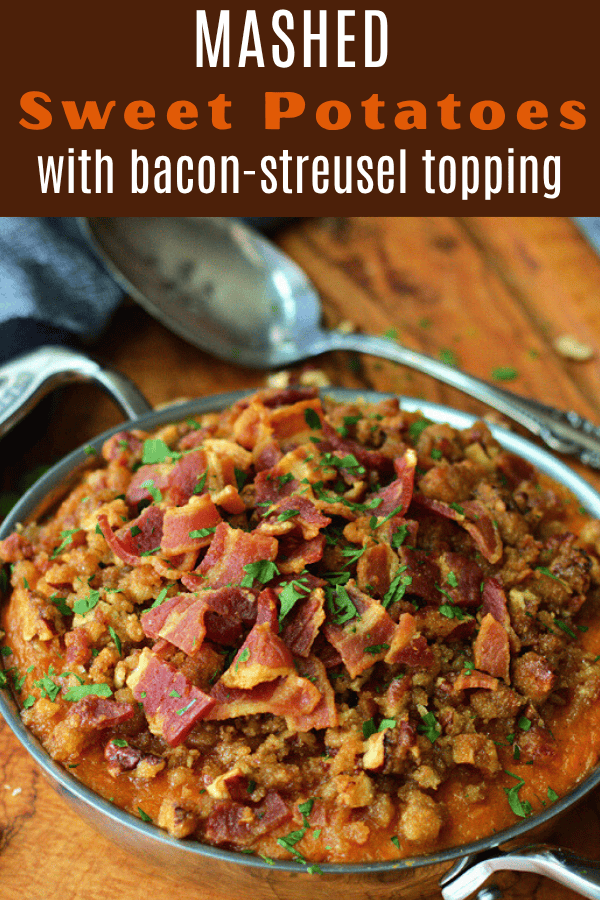 pinterest pin for mashed sweet potatoes with brown sugar and baco