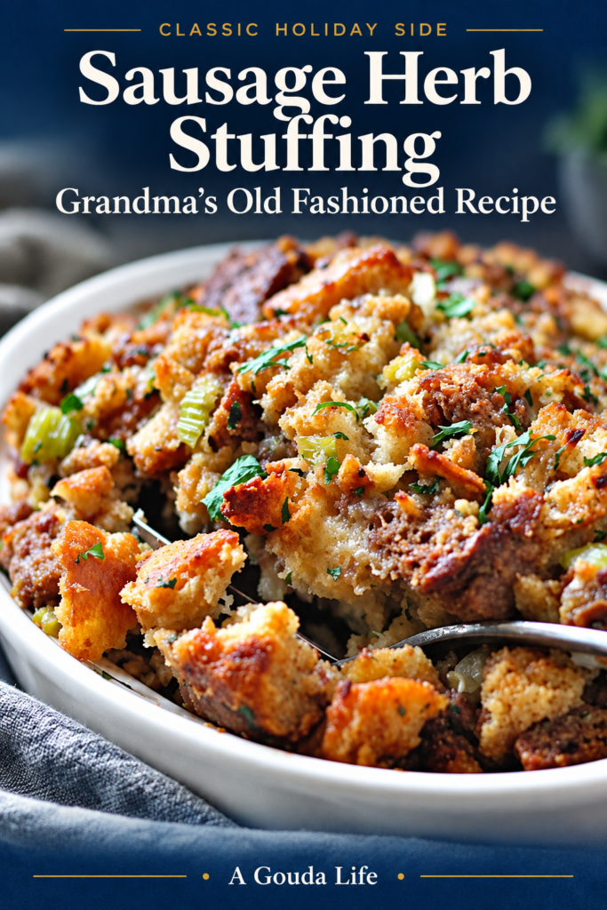 pinterest pin for sausage herb stuffing