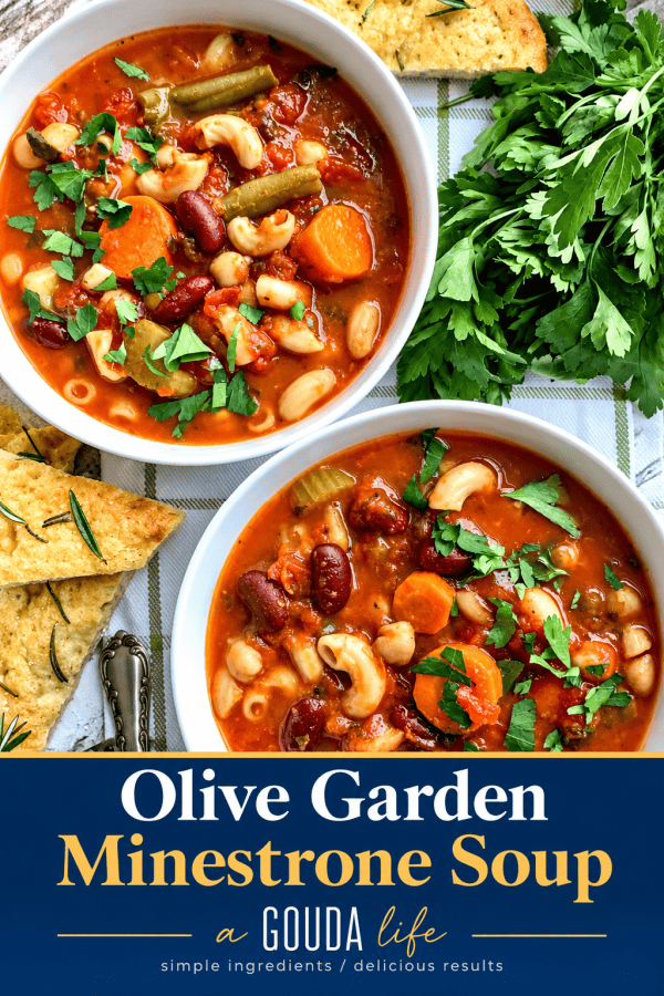 pinterest pin showing overview of 2 bowls of minestrone soup