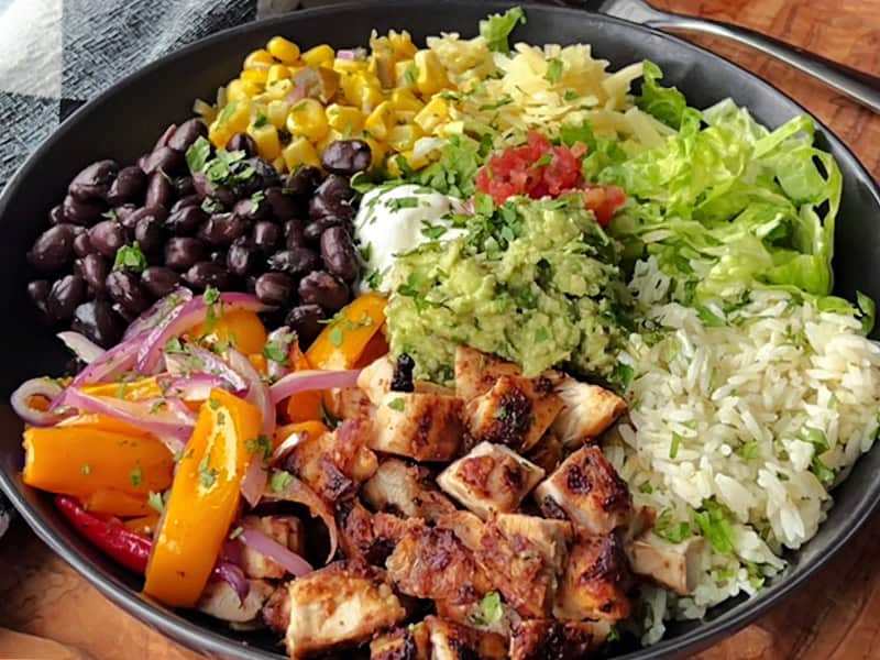 overhead view - chicken burrito bowl