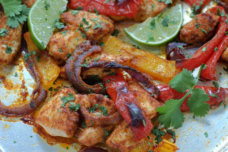 close up of sheet pan chicken fajitas