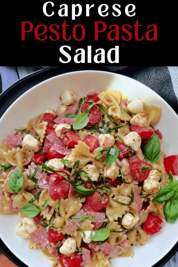 pinterest pin for caprese pesto pasta salad