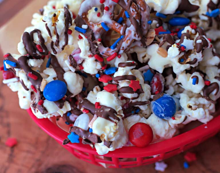 red basket with 4th of July Popcorn