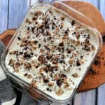 overhead view chocolate lasagna topped with english toffee bits