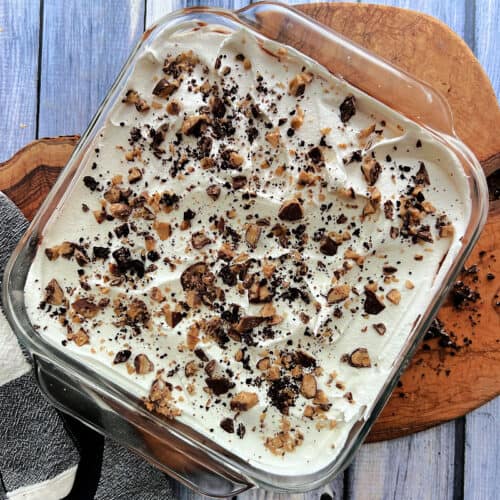 overhead view chocolate lasagna topped with english toffee bits