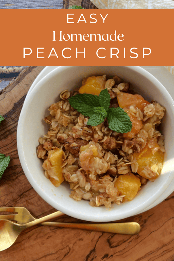 pinterest pin for peach crisp in a white bowl