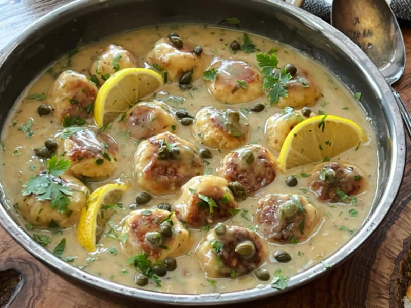 skillet with chicken piccata meatballs and slices of lemon