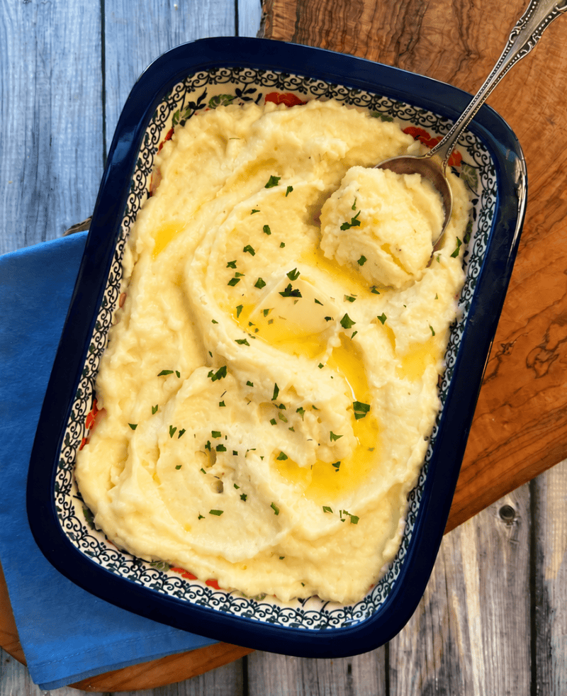 slow cooker mashed potatoes that were transferred to a serving dish