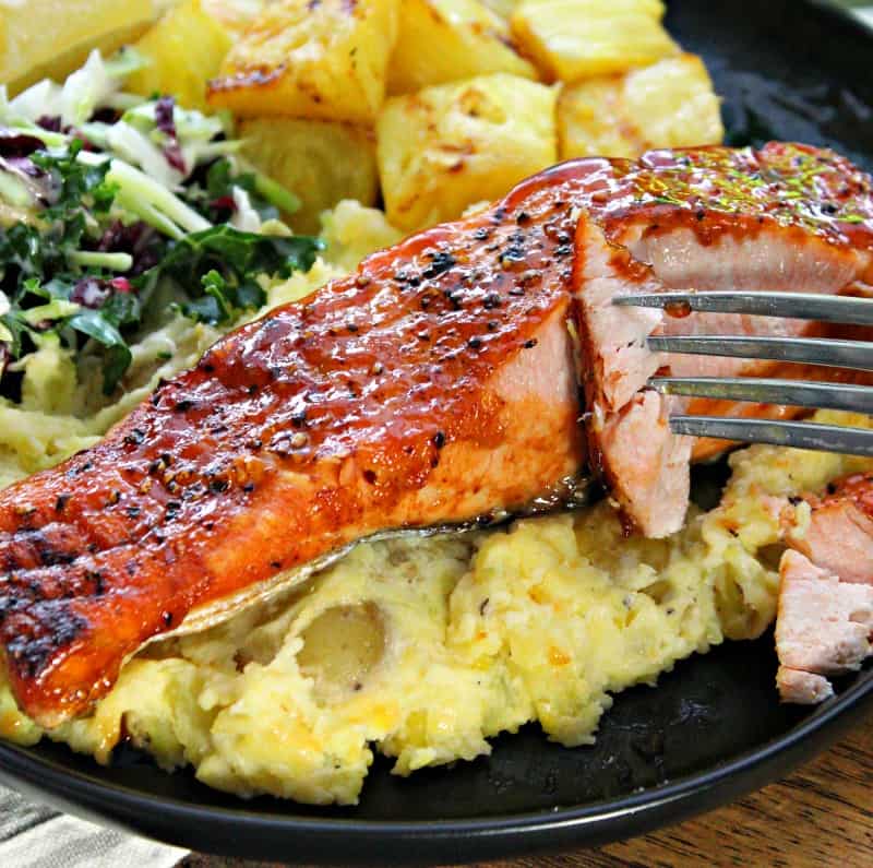 black plate with teriyaki salmon filet, mashed potatoes, slaw and pineapple chunks