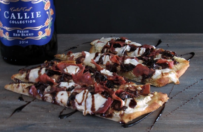 Caramelized Onion Goat Cheese Pizza with a balsamic glaze and Callie Collection Wines for easy entertaining with friends and moments that stop time.