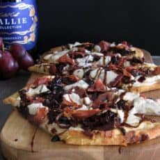 Caramelized Onion Goat Cheese Pizza with a balsamic glaze and Callie Collection Wines for easy entertaining with friends and moments that stop time.