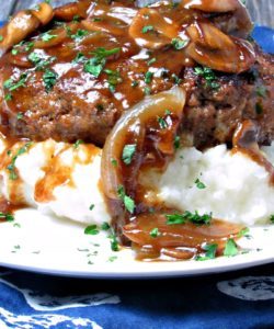 Best Salisbury Steak: budget-friendly, seared ground beef patties slathered in rich onion-mushroom gravy, serve over mashed potatoes~easy, any night meal.