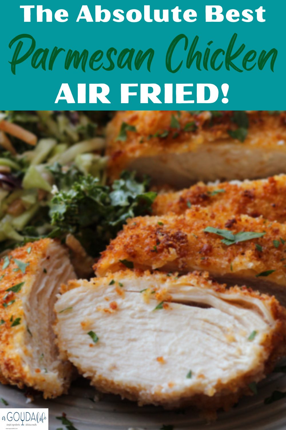 pinterest pin showing air fryer parmesan crusted chicken