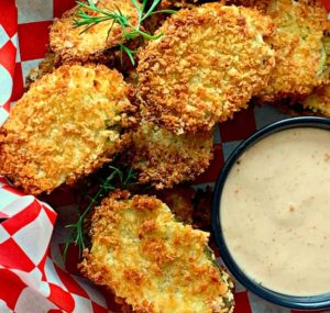 Air Fryer Fried Pickles ~ how to make fried pickles in an air fryer. Crunchy, crispy breaded dill pickles air fried and served with a creamy, spicy sauce.