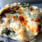 slice of chicken alfredo lasagna on white plate