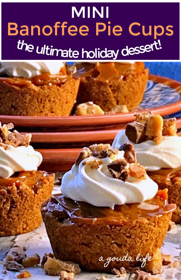 pinterest pin showing several banoffee pie cups with dessert plates in background