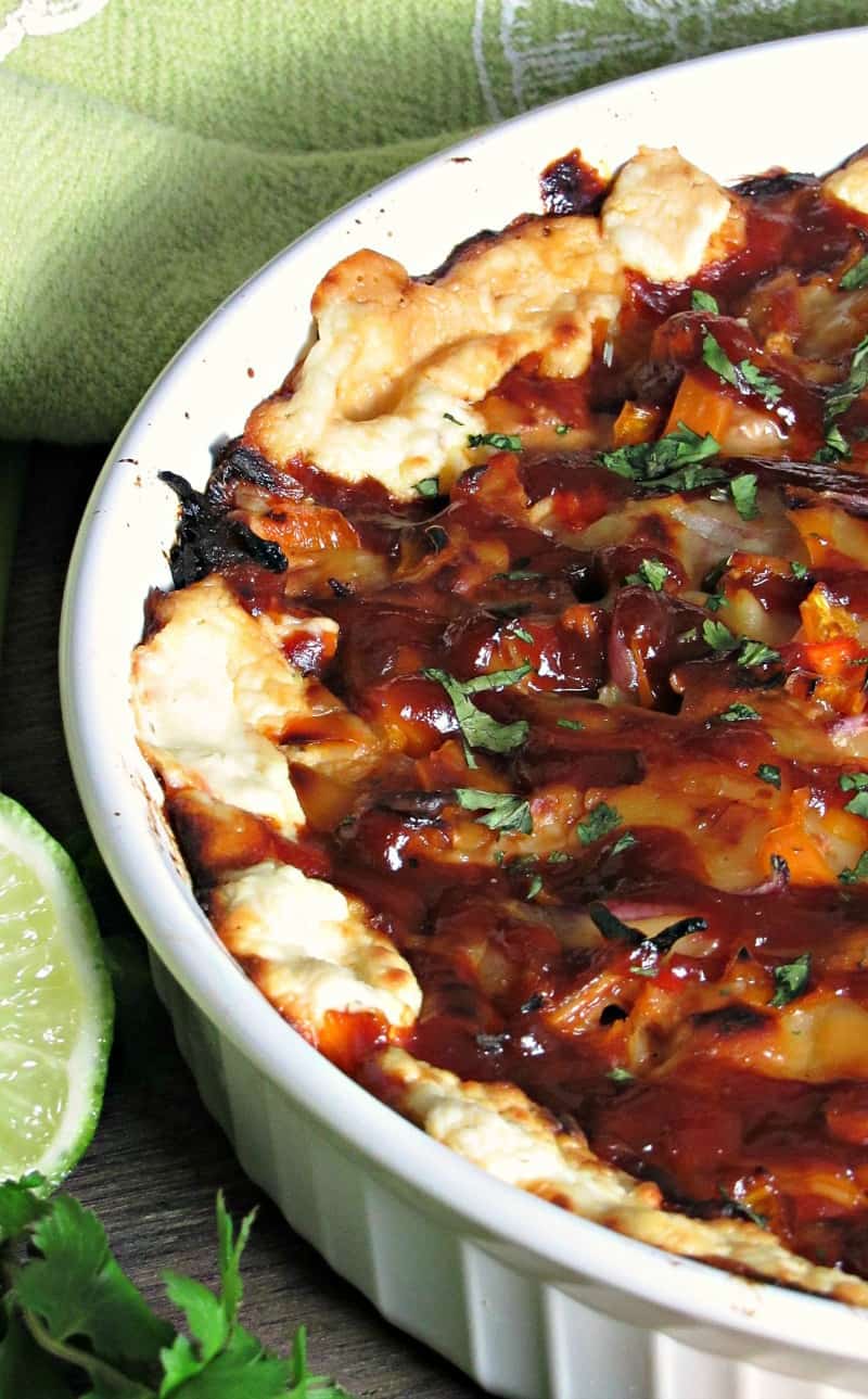 BBQ Chicken Pizza Dip ~ tender tasty bites of barbecue chicken, gooey melted cheeses scooped with warm bread. Everything you love in the classic pizza in dip form.