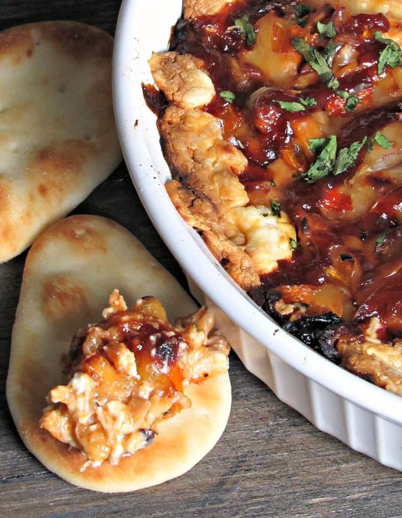 BBQ Chicken Pizza Dip ~ tender tasty bites of barbecue chicken, gooey melted cheeses scooped with warm bread. Everything you love in the classic pizza in dip form.