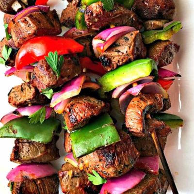 beef kabobs ~ a marinade of simple, everyday flavors that locks in delicious, bold taste. Grill with bell peppers, onions and mushrooms for a whole meal on a skewer.