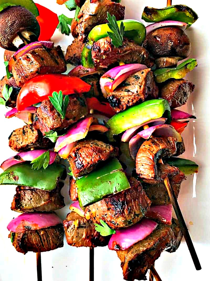 Grilled Steak Kabobs with red onion + bright red and green peppers