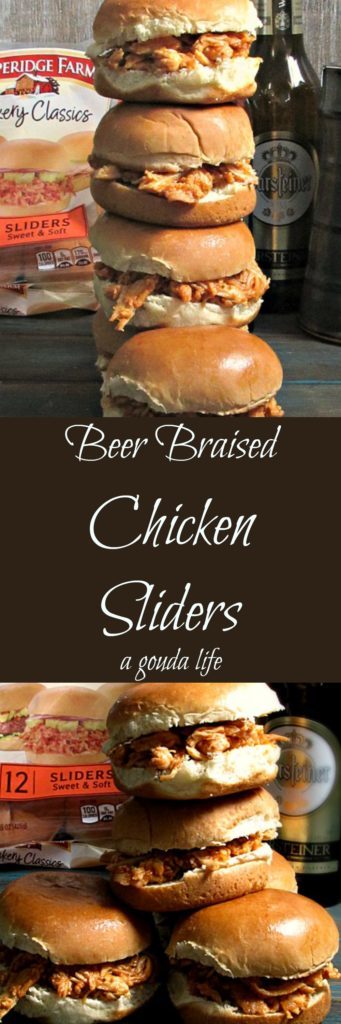 Beer Braised Chicken Sliders ~ juicy, tender beer braised chicken shredded and tossed in a mildly spicy sauce served on slider buns.