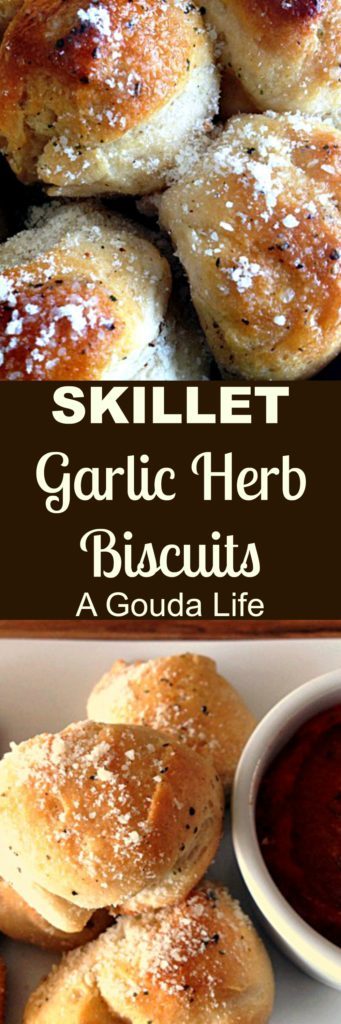 Skillet Garlic Herb Biscuits ~ freshly baked bread, smothered in garlic-y butter and topped with cheese. Serve as an appetizer or with pasta, soup or steak. 