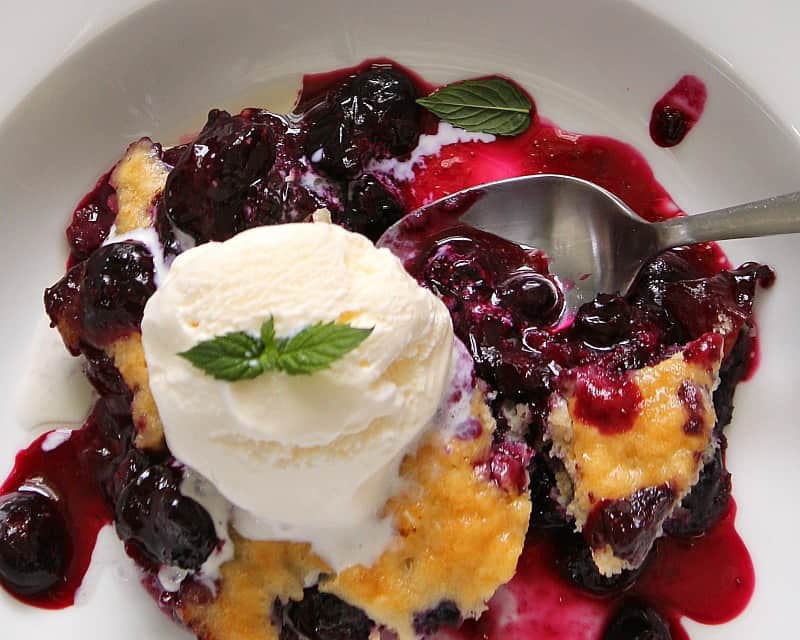 easy blueberry nectarine cobbler - overhead view of single serving in white bowl topped with vanilla ice cream