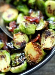 maple bacon brussels sprouts ~ pan seared brussels sprouts and applewood smoked bacon in a savory-sweet maple, french mustard glaze.