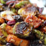 white platter with brussels sprouts medley