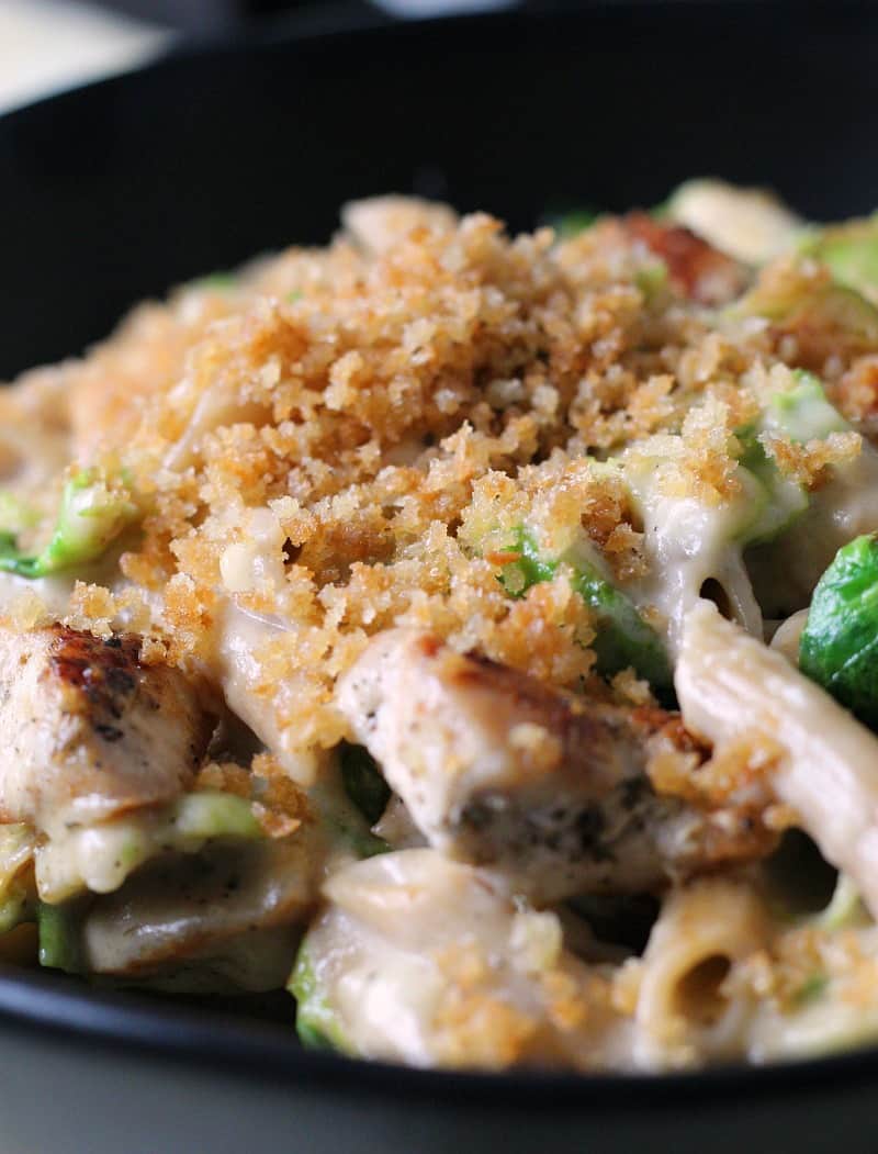 cheesy chicken pasta with brussels sprouts ~ pan seared chicken and brussels sprouts in a creamy, cheesy sauce topped with toasted bread crumbs.