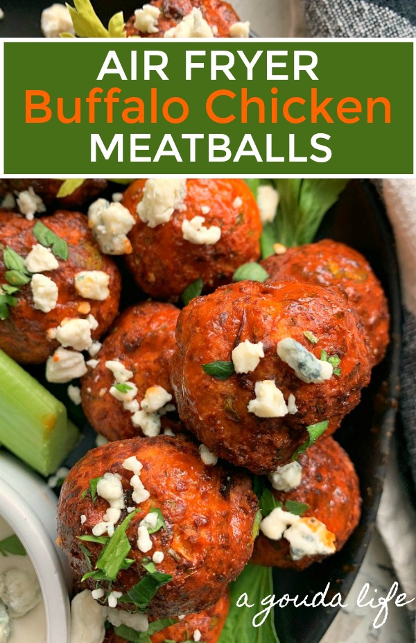 buffalo chicken meatballs garnished with crumbled blue cheese