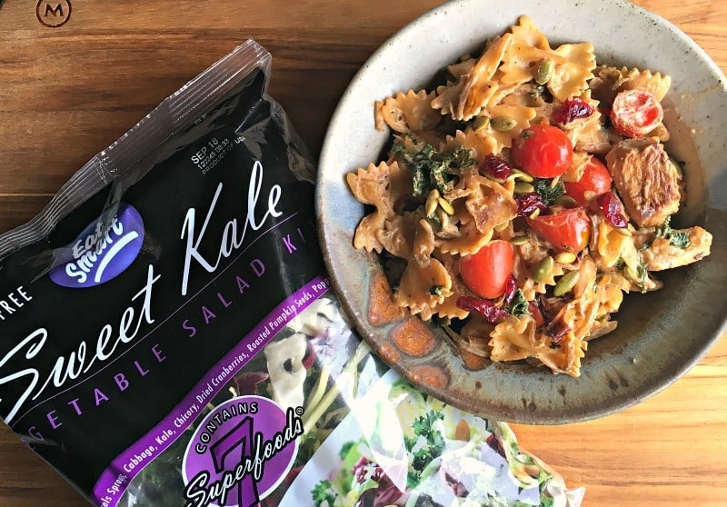 Chicken Kale Pasta made with Sweet Kale Eat Smart Gourmet Vegetable Kit and a few simple ingredients for an easy, any night tasty, nutritious meal.