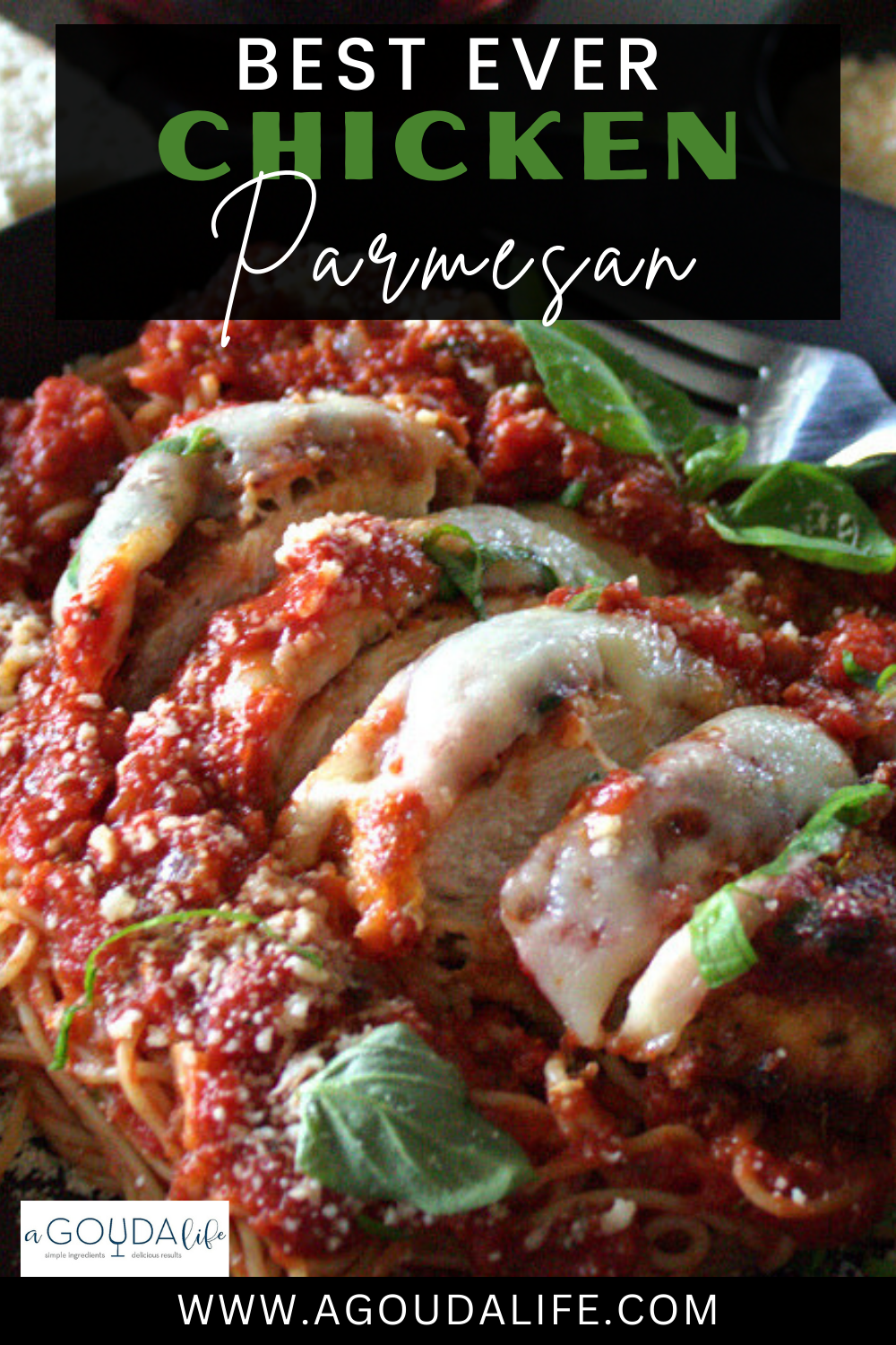 pinterest pin showing chicken parmesan with pasta