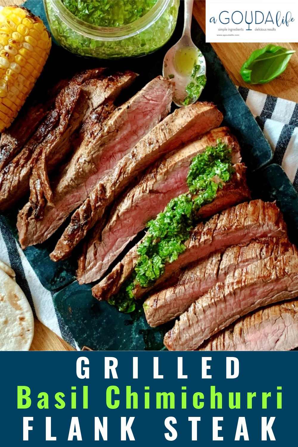 pinterest pin - overhead view of sliced steak drizzled with chimichurri
