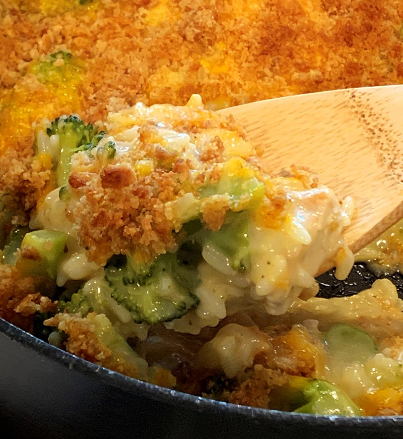 closeup of chicken broccoli rice casserole in skillet