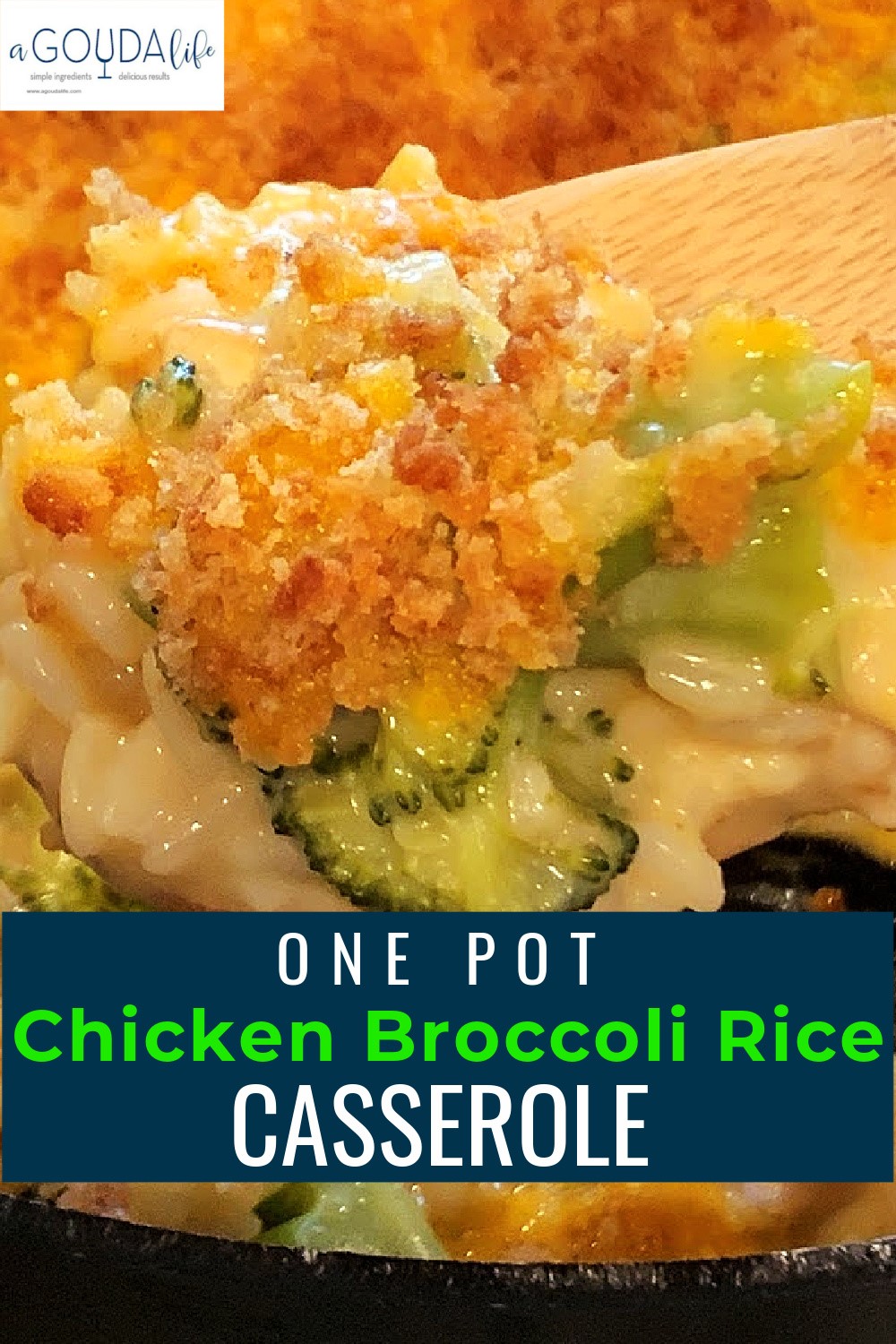 pinterest pin with closup of bits of chicken broccoli rice and Ritz cracker topping
