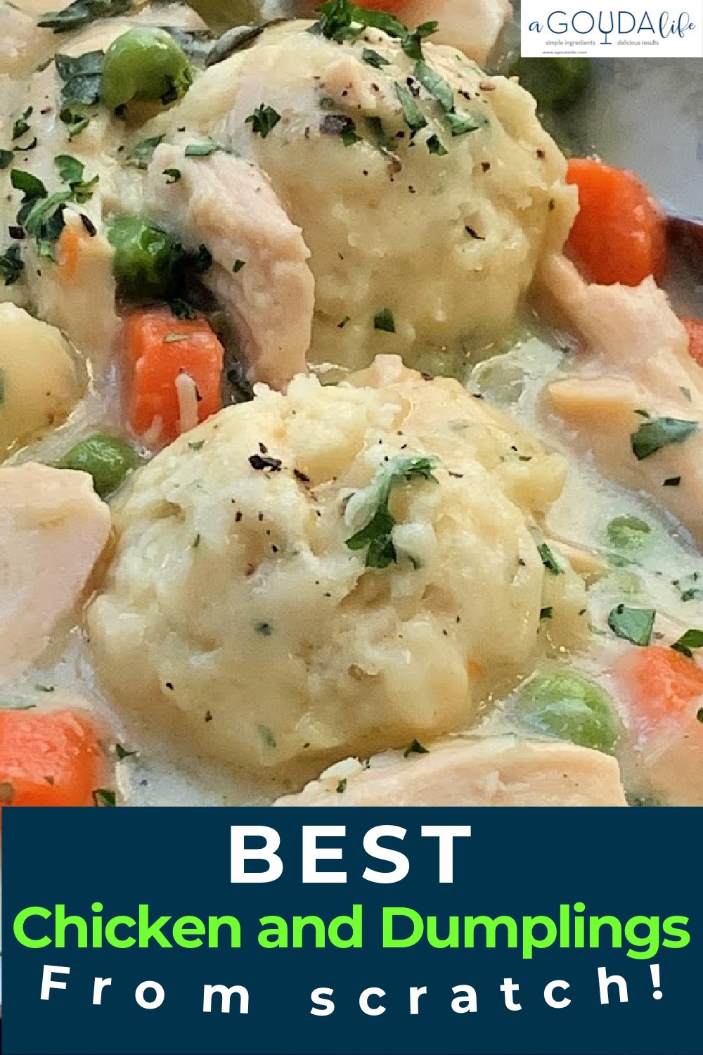 pinterest pin - closeup of bowl of chicken and dumplings garnished with parsley