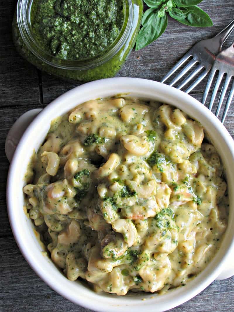 overhead view of elbow mac and cheese with pesto