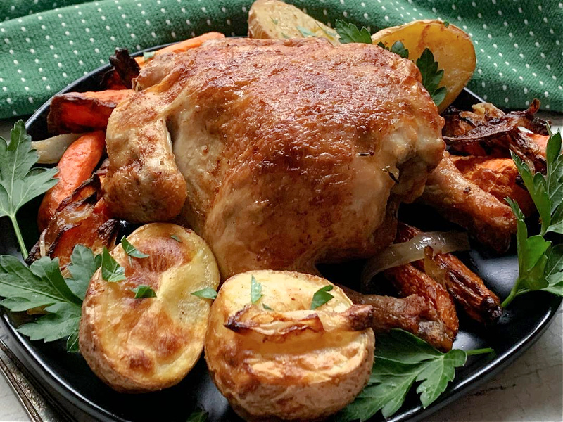 air fryer cornish hens with roasted potatoes and carrots