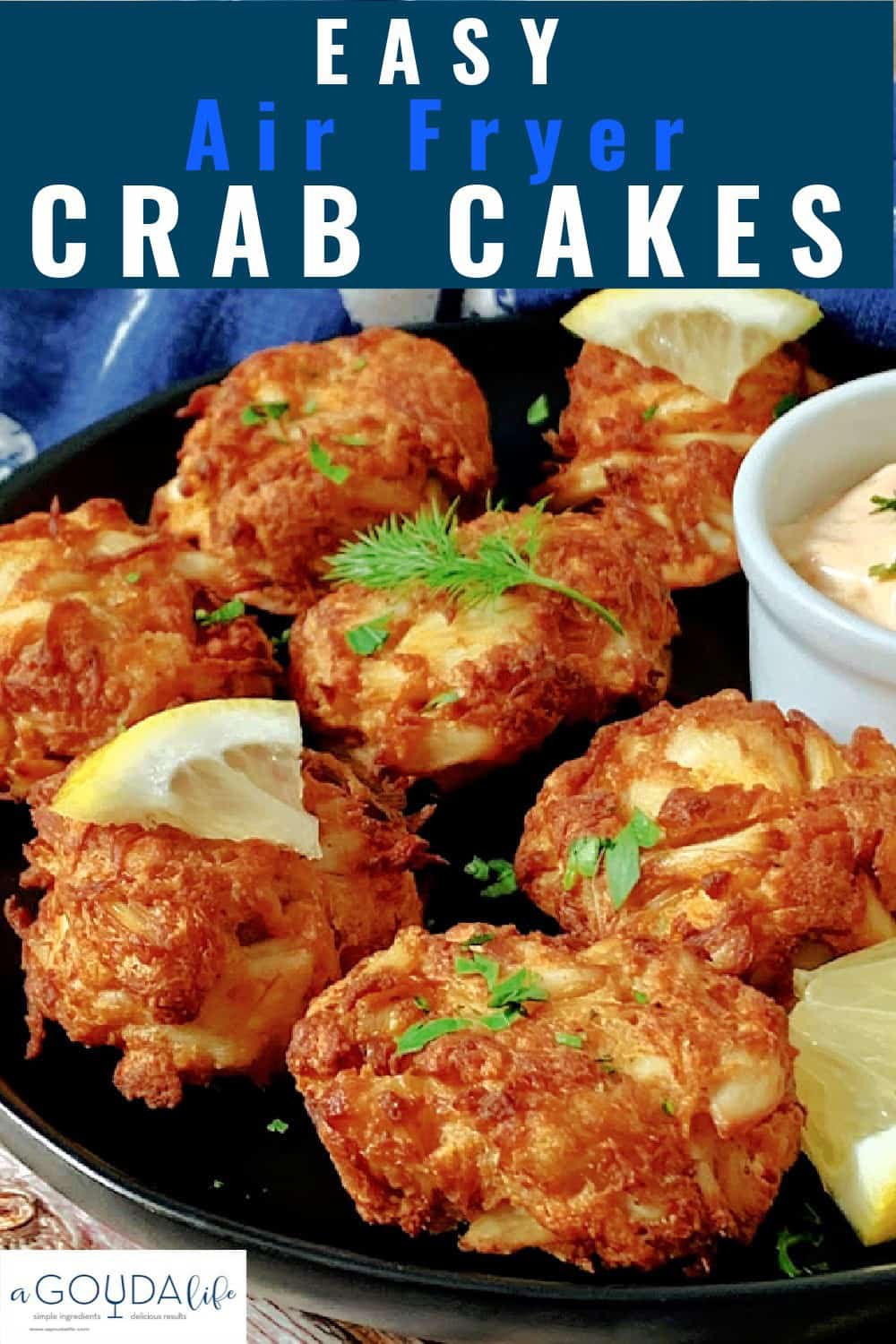 pinterest pin showing plate of crab cakes garnished with dill sprig