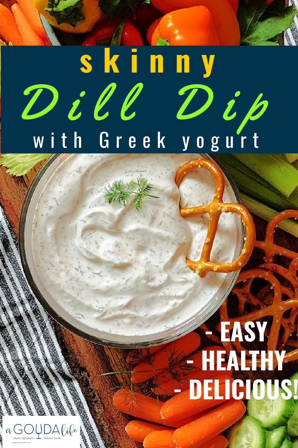 pinterest pin showing closeup of dill dip overhead with pretzels for dipping